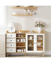 Farmhouse Sideboard Buffet Cabinet with Adjustable Shelves Glass Doors and Open Storage for Kitchen Dining and Entryway Wood