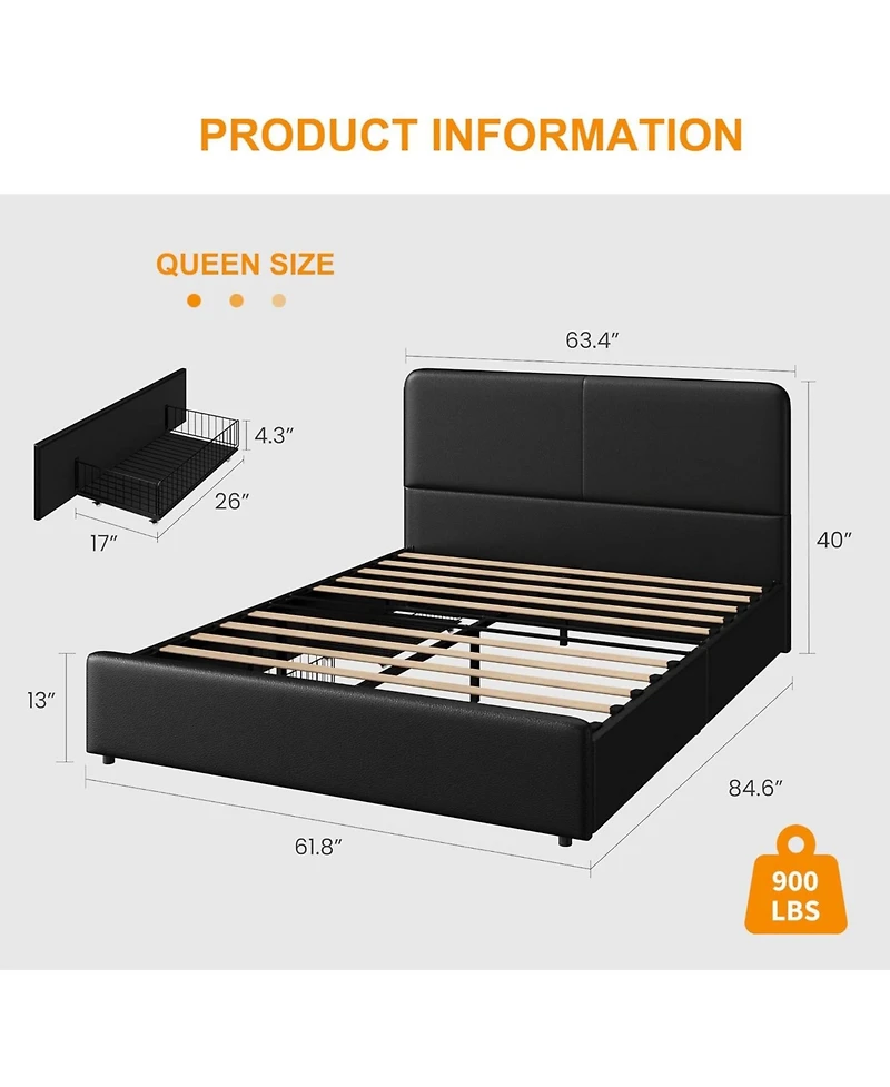 gaomon Queen Upholstered Platform Bed Frame with Headboard & Storage Drawers, Strong Wood Slats Support, Easy Assembly