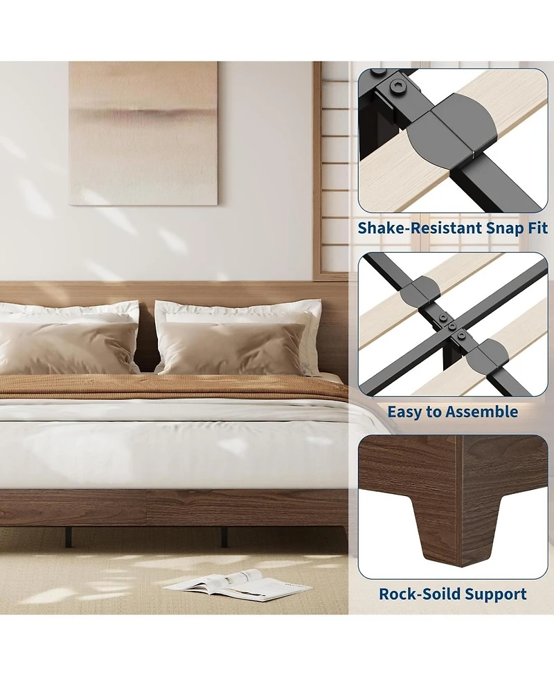 gaomon California King Nature Platform Bed Solid Wood Frame Strong Slats No Box Spring Needed Minimalist Easy Assembly