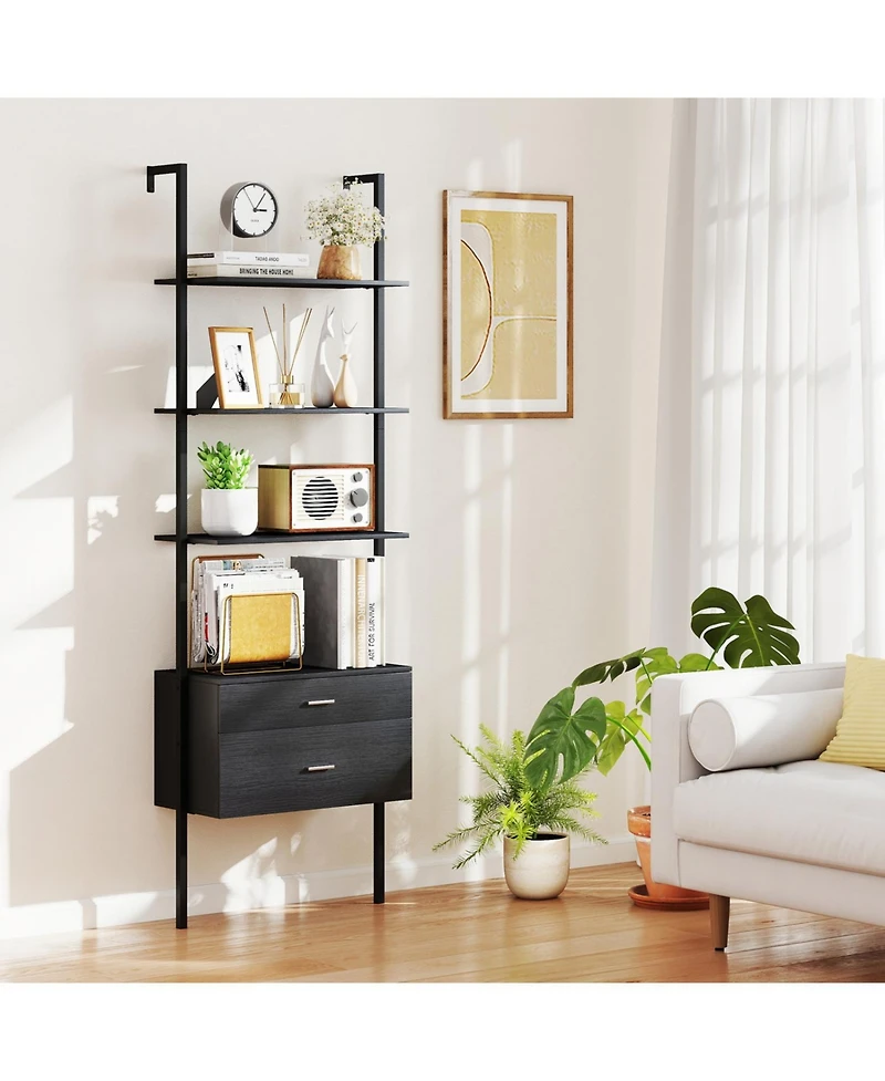 Slickblue 6-Tier Ladder Bookcase with 2 Drawers and Metal Frame