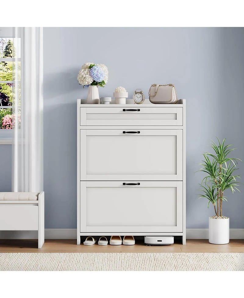 gaomon Shoe Cabinet with 2 Flip Drawers & 1 Top Drawer, Wooden Organizer Adjustable Shelf, Freestanding Storage Cabinets