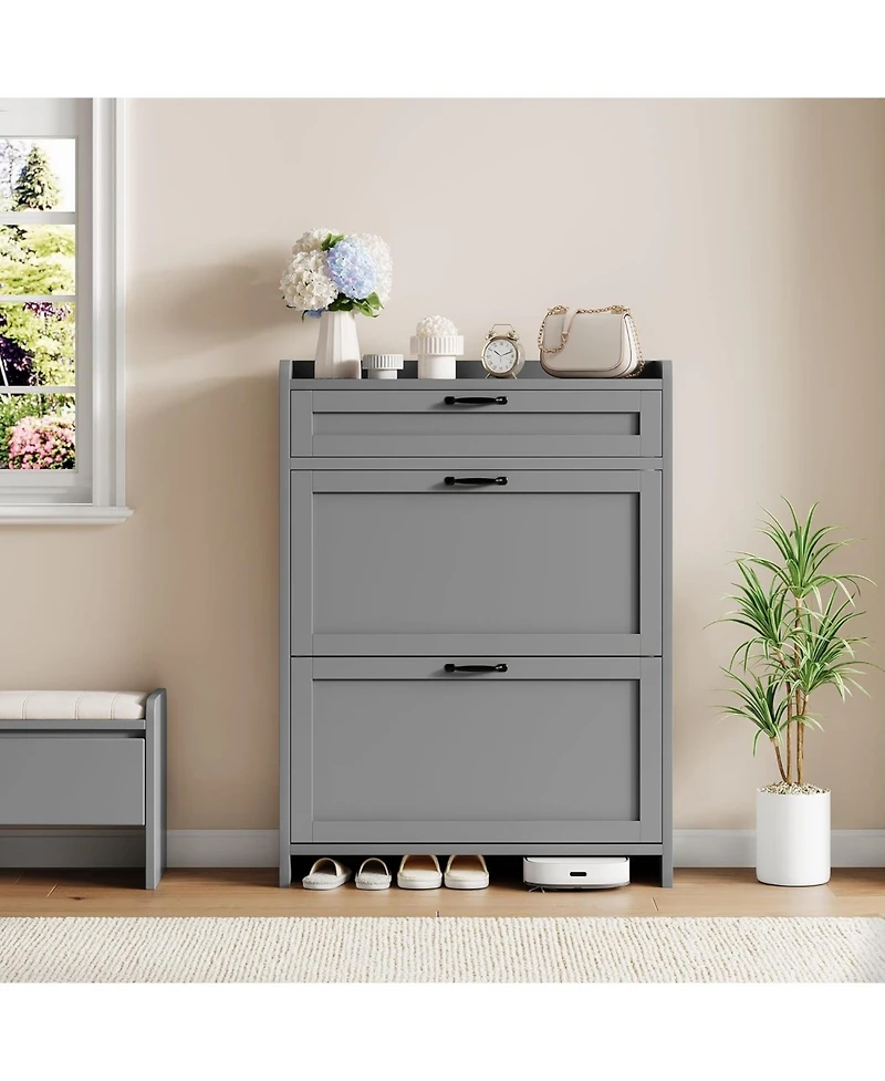 gaomon Shoe Cabinet with 2 Flip Drawers & 1 Top Drawer, Wooden Organizer Adjustable Shelf, Freestanding Storage Cabinets