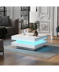 Rainsken 2-Tier Square Coffee Table, Modern High Gloss Led Center Table with Storage for Living Room and Home Office