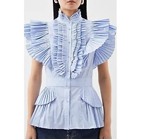 Karen Millen Women's Sleeveless Striped Pleated Ruffle Blouse