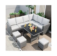 Gaomon 7 piece outdoor patio furniture set with all weather rattan sectional sofa, dining table, and seating for up to 9-ideal for garden or porch.