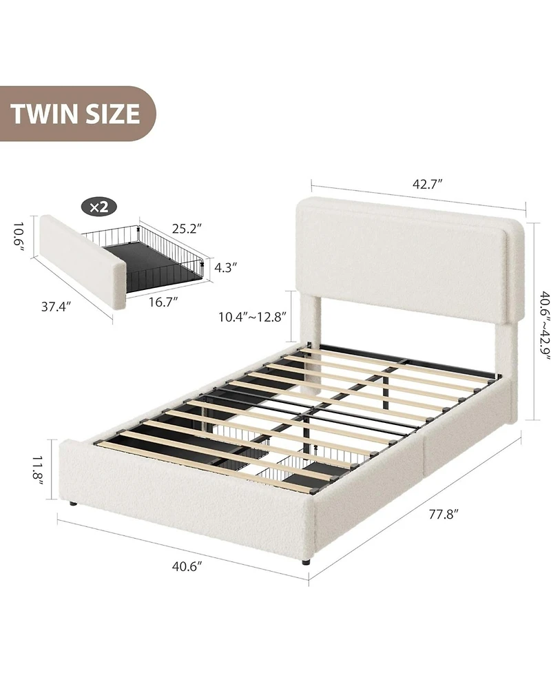 gaomon Twin Teddy Fleece Bed Frame with 2 Drawers, Adjustable Headboard, Kids & Teens