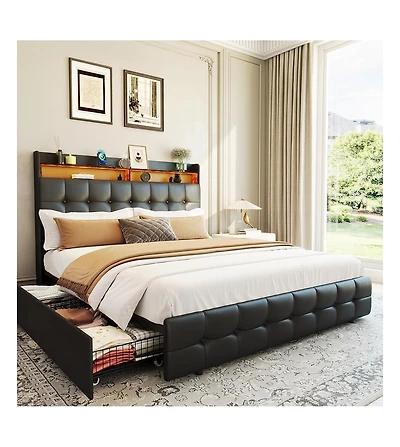 gaomon Full Bed Frame with Headboard & 2 Storage Drawers, Upholstered Platform Bed with Led Lights