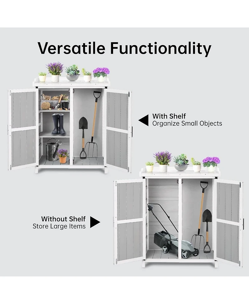 gaomon Outdoor wooden potting bench with metal worktop, waterproof storage cabinet, adjustable shelves, and double doors—ideal for gardening ta