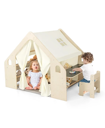 Gymax 6-in-1 Kids Playhouse Wooden Play Tent w/ Blackboard Desk Chair 6 Storage Bins