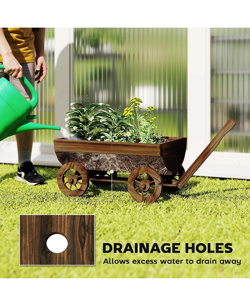 Outsunny Wooden Wagon Planter Box, Mobile Garden Planter with 4 Wheels