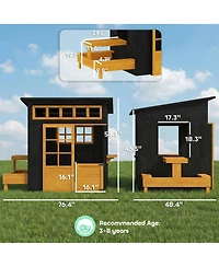 Qaba Kids Outdoor Playhouse, Wooden Kids Playhouse w/ Picnic Table