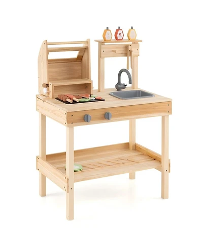 Hongge Wooden Barbecue Grill Playset with Play Food and Open Shelves