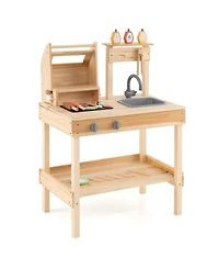 Hongge Wooden Barbecue Grill Playset with Play Food and Open Shelves