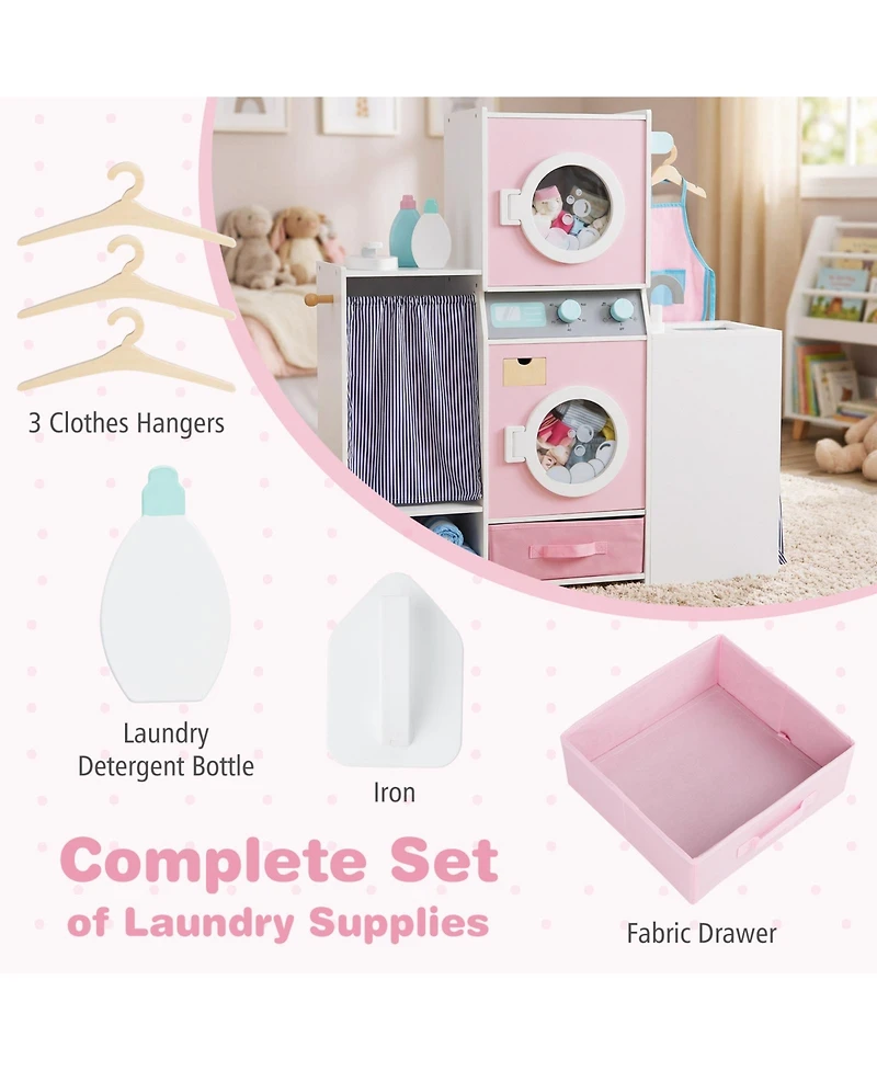 Mecale Wooden Kids Laundry Playset with Detergent Bottle & Clothes Hangers for Pretend Play