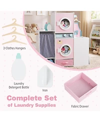 Mecale Wooden Kids Laundry Playset with Detergent Bottle & Clothes Hangers for Pretend Play