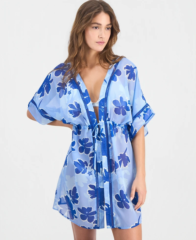 Miken Juniors' Leaf-Trim Leopard-Print Cover-Up Kimono, Macy's Exclusive