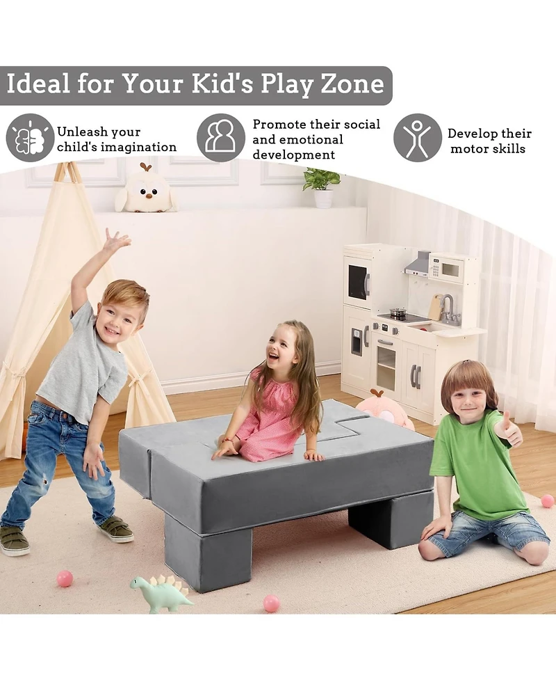 Kids Play Couch, 6Pcs Modular Kids Play Sofa for Playroom, Kids Modular Couch Toddler Foam Sofa, Kids Convertible Sofa with Removable Cover, Pink