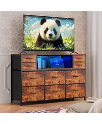 gaomon 10 Fabric Drawers Dresser, Entertainment Center Tv Stand with Power Outlet & Led Light for 45"-55" Tv, Chest of Wood