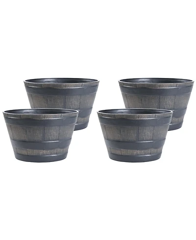 Gardenised Rustic Wood- Look Plastic Half Barrel Flower Pot Bucket Planter, Pack of 4