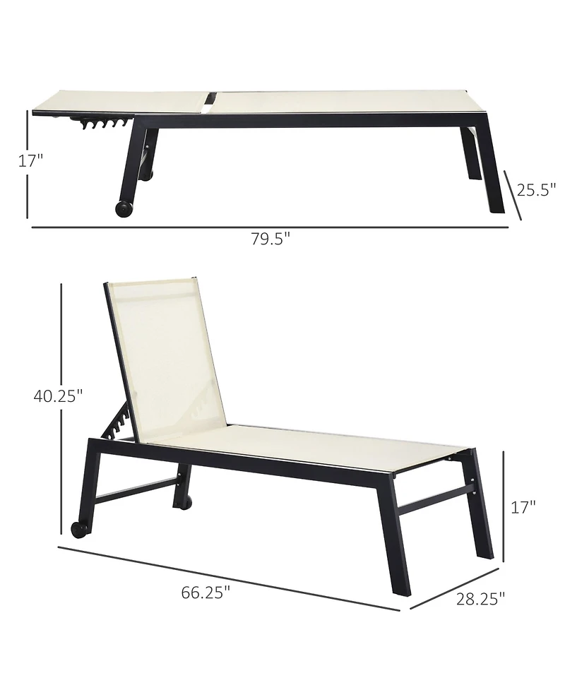 Clihome Outdoor Lounge Chair, Patio Lounger with 5-Position Reclining Backrest and 2 Wheels