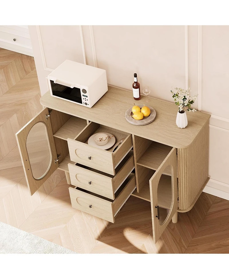 gaomon Sideboard with Fluted Glass Doors and 3 Drawers with Adjustable Shelves for Kitchen