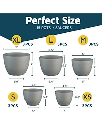 Lifemaster Gray Plant Pots 15-Pack with Drainage Holes & Saucers, Stackable Indoor & Outdoor Planters for Houseplants & Flowers.