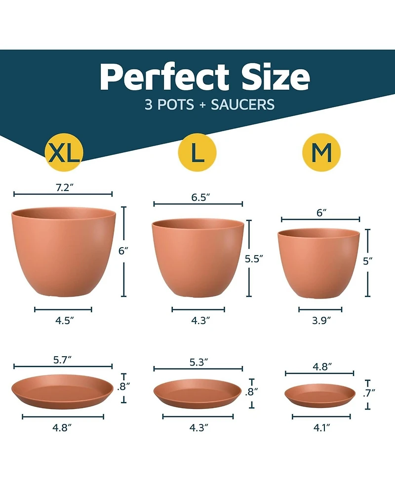 Terracotta Plant Pots with Drainage Holes & Saucers 3-Pack – Indoor & Outdoor Stackable Planters, Durable & Weatherproof.