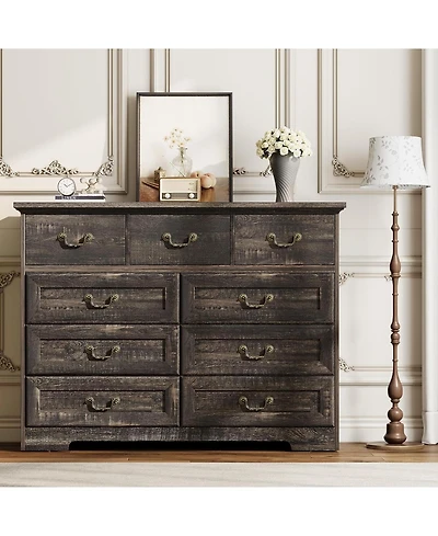 gaomon 9-Drawer Vintage Wood Dresser, 47" Wide Storage Chest with Metal Pulls & Dual-Size Drawers for Bedroom, Hallway