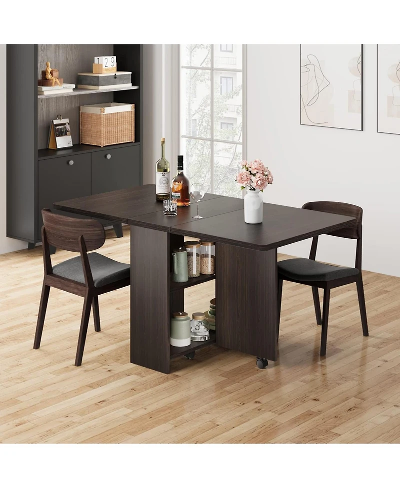 gaomon Folding Drop Leaf Dining Table with 6 Wheels & 2-Tier Storage Shelf, Space-Saving Table for Small Spaces