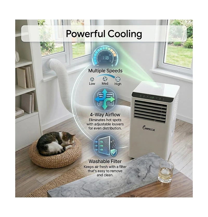 Impecca 8,500/5,100 Btu 3-in-1 Portable Air Conditioner, Cool / Dry / Fan Modes, Remote Control Included