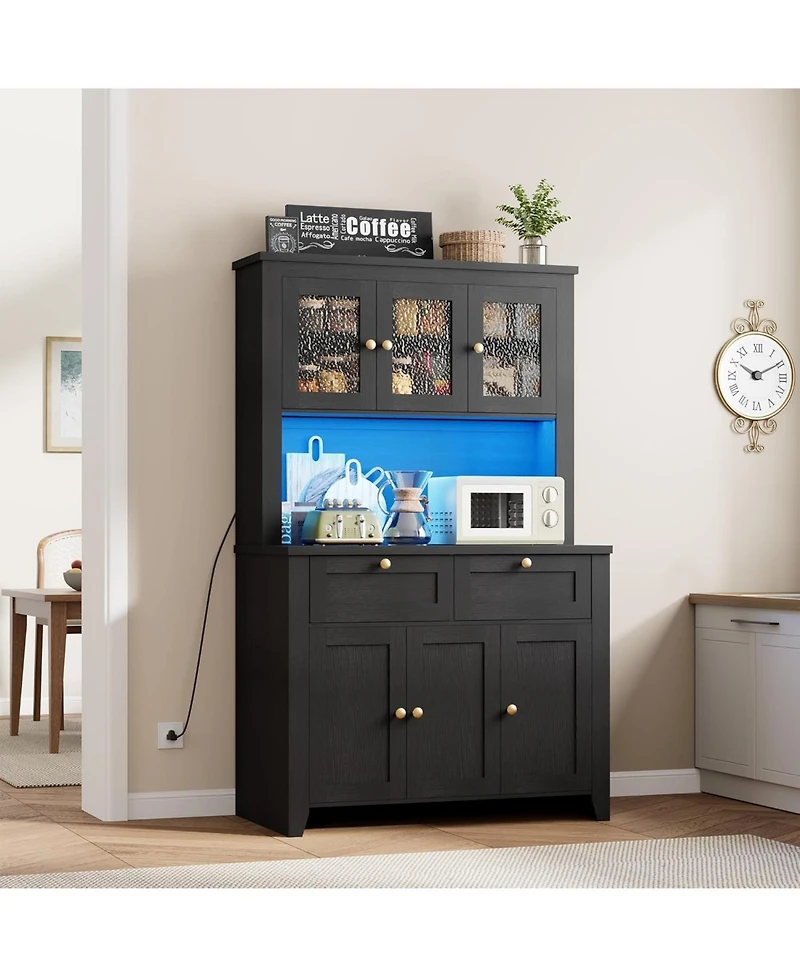 gaomon 66" Tall Kitchen Pantry Cabinet, Modern Hutch with Charging Station, Large Coffee Bar Storage Cabinet Glass Doors and Drawers