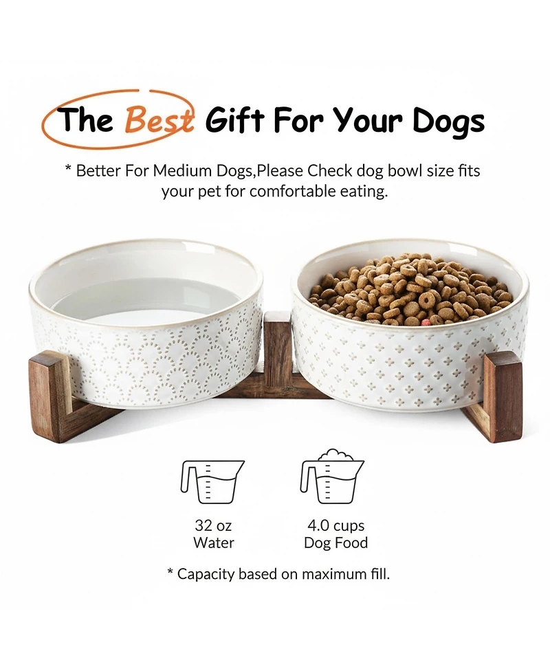 Aronkl Ceramic Dog Bowl Set with Wood Stand Dual Food Water Weighted Non-Slip Base