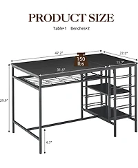 gaomon Dining Table Set for 4, Compact 3-Piece Kitchen Table with 2 Benches, Wine Rack, Storage Shelf