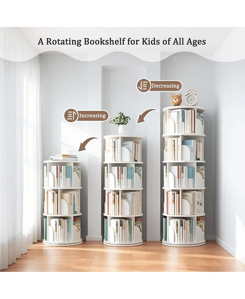 Rainsken 5 Tier Wooden Rotating Round Spinning Bookshelf Tower Storage Organizer