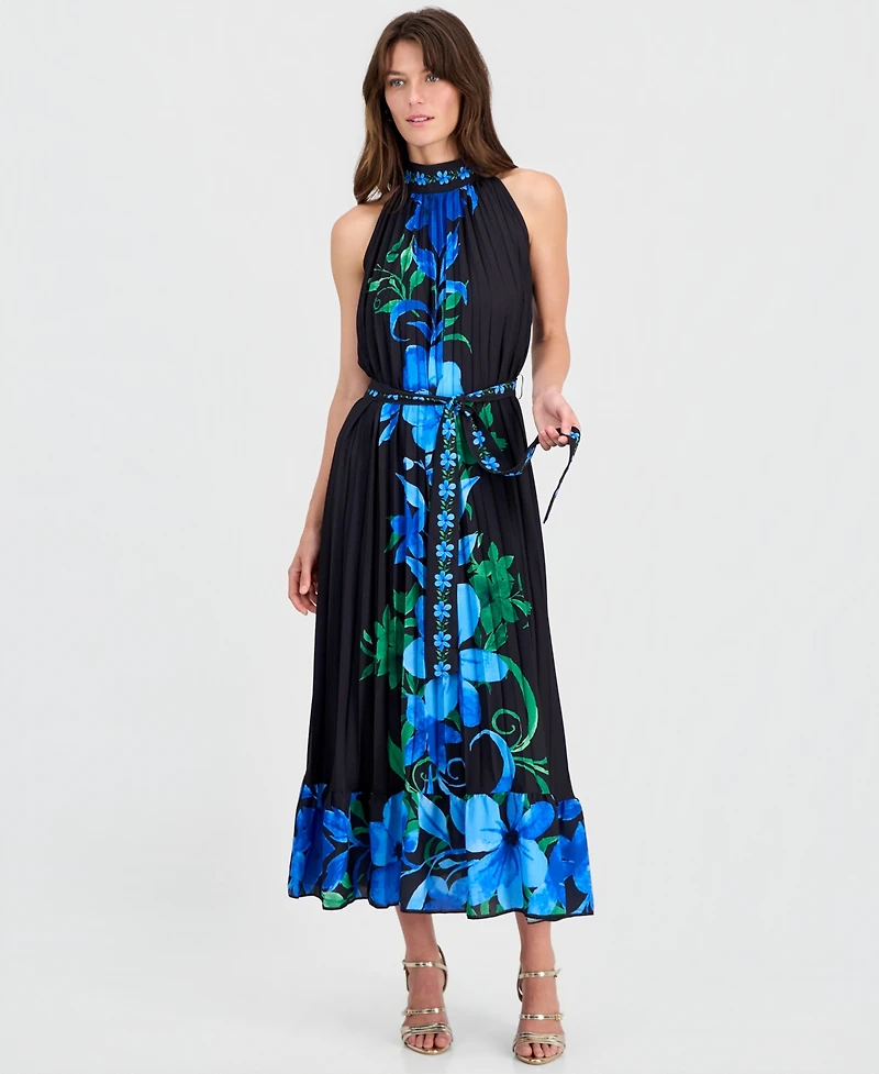T Tahari Women's Printed High-Neck Pleated Maxi Dress