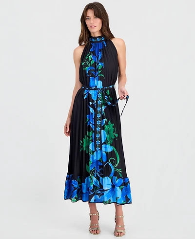 T Tahari Women's Printed High-Neck Pleated Maxi Dress