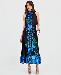 T Tahari Women's Printed High-Neck Pleated Maxi Dress