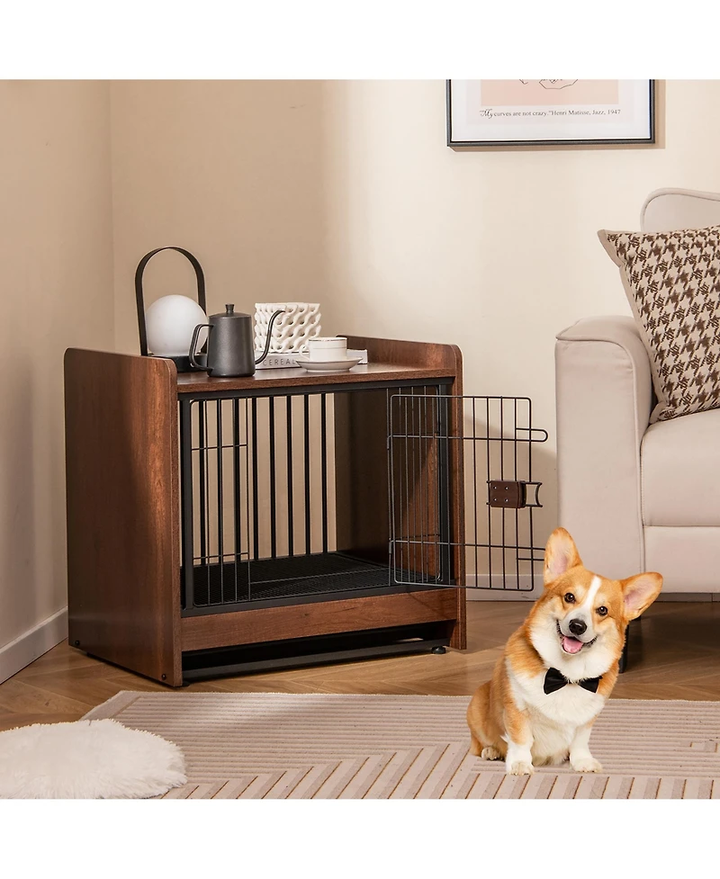 Gymax Dog Cage Furniture w/Removable Tray and Lockable Door Adjustable Foot Pads