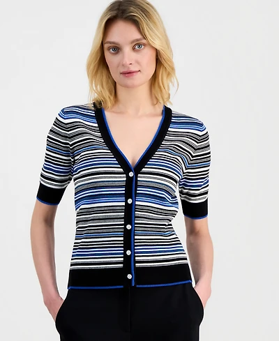 T Tahari Women's Elbow-Sleeve V-Neck Striped Cardigan Sweater