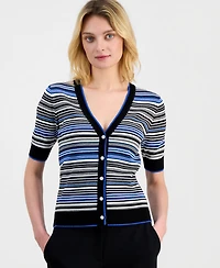 T Tahari Women's Elbow-Sleeve V-Neck Striped Cardigan Sweater