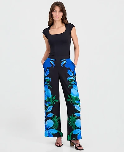 T Tahari Women's Floral-Print Pull-On Straight Pants