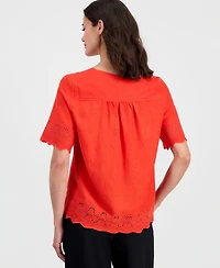 T Tahari Women's Embroidered Eyelet-Hem Top