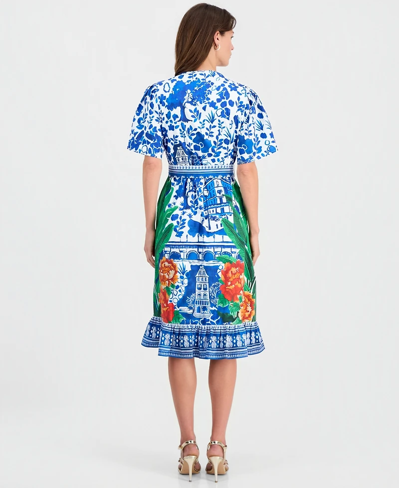 T Tahari Women's Printed Elbow-Sleeve V-Neck Midi Dress