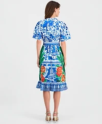 T Tahari Women's Printed Elbow-Sleeve V-Neck Midi Dress