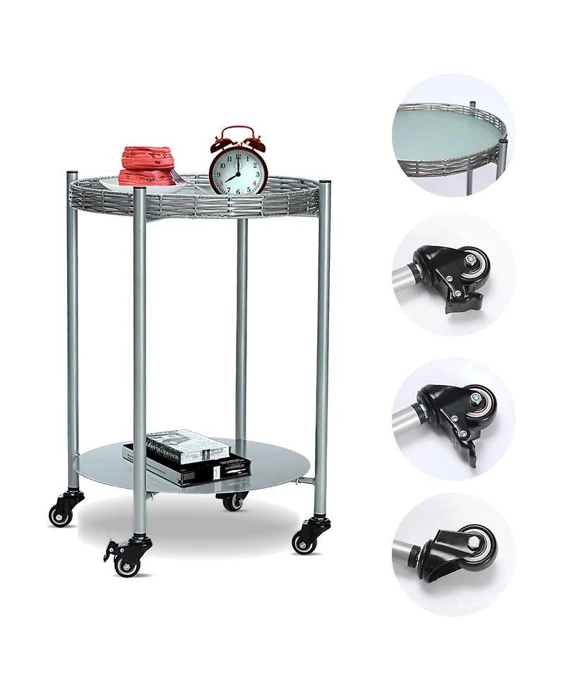 Rainsken Coffee Table with Wheels, 2-Tier Movable Side Tables, Round Detachable Nightstand for Living Room, Bedroom and Outdoor Terrace