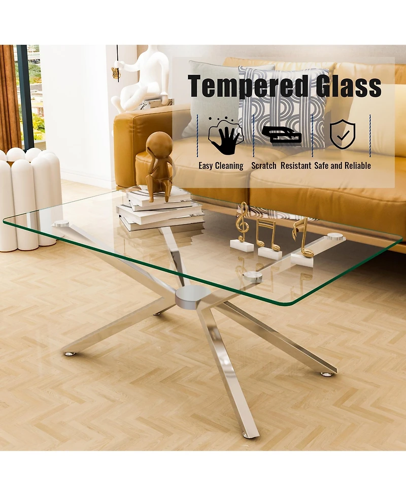 Rainsken Rectangular Clear Tempered Glass Coffee Table with Adjustable Feet and Metal Legs for Living Room (Silver + Clear Glass)