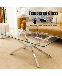 Rainsken Rectangular Clear Tempered Glass Coffee Table with Adjustable Feet and Metal Legs for Living Room (Silver + Clear Glass)
