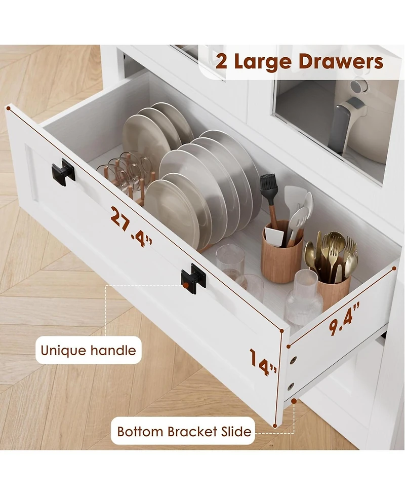 gaomon Tall Kitchen Pantry Cabinet - Modern Display Storage with 2 Large Drawers, Glass Doors, and Adjustable Shelves