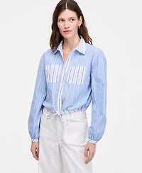 On 34th Women's Stripe Tie-Hem Long Sleeve Cropped Shirt, Macy's Exclusive