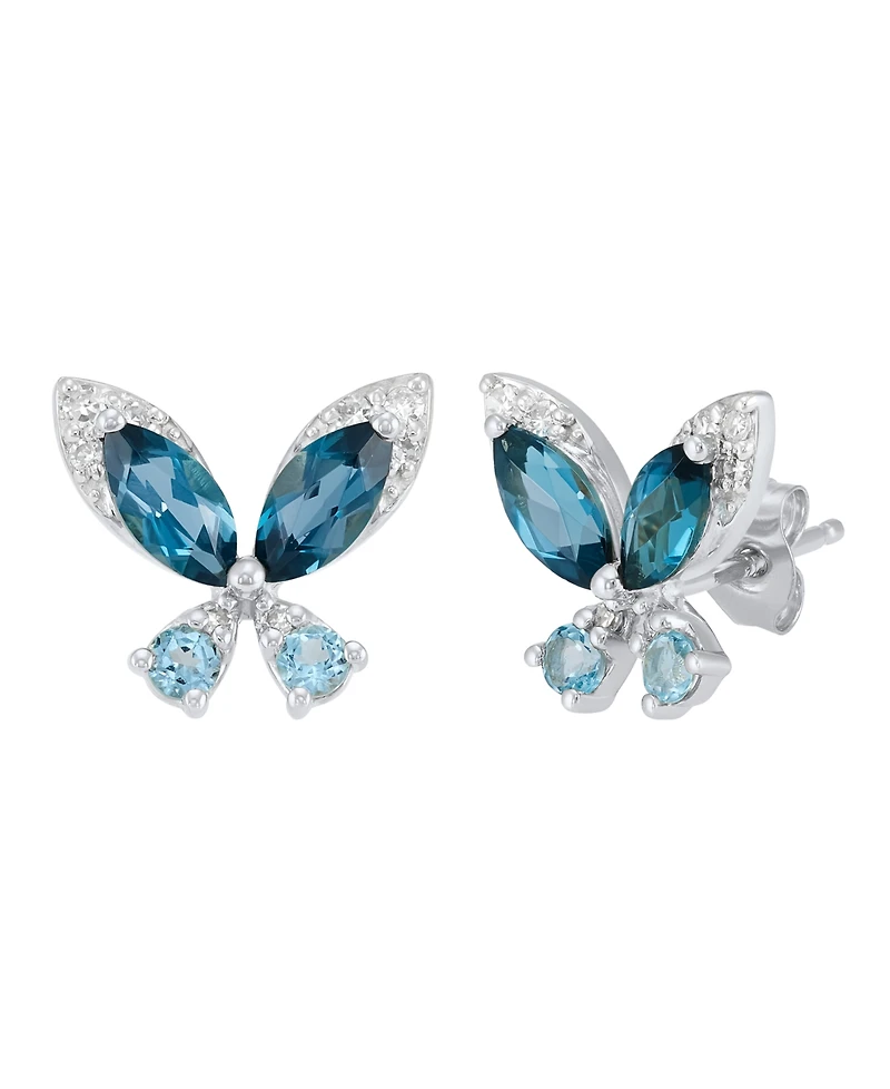 Macy's London Blue Topaz (1-1/4 ct. t.w.), Swiss Blue Topaz (1/4 ct. t.w.) & Diamond (1/10 ct. t.w.) Butterfly Stud Earrings in Sterling Silver